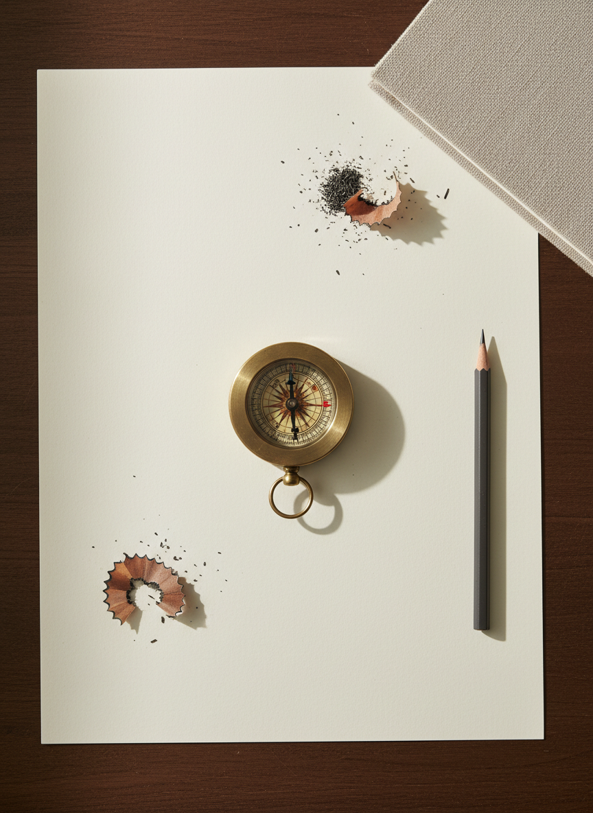 An antique, slightly tarnished brass compass sits at the center of a large sheet of blank cream-colored paper, the needle perfectly still, as if waiting for a direction to be written. The compass is surrounded by scattered graphite pencil shavings, a carefully sharpened pencil, and a closed linen-covered notebook. Soft overcast window light spills across a dark walnut tabletop, giving a quiet, reflective mood. Shot from overhead in photographic realism, the composition uses negative space to suggest unwritten stories and unwandered paths, evoking the idea that every narrative is a choice of direction on an uncharted map.