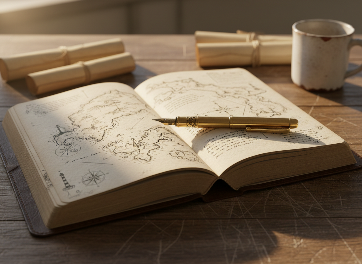 A leather-bound journal lies open on an old wooden desk, its creamy pages filled with hand-drawn coastlines, delicate compass roses, and faint lines of ink suggesting a story in progress. A brass fountain pen rests across the center fold like a marker on a map. Around it, blurred in the background, are rolled parchment charts and a simple ceramic mug. Late afternoon light from an unseen window washes across the scene, creating warm highlights on the leather and soft shadows between the pages. Photographic realism from a slightly elevated angle, shallow depth of field, and a calm, contemplative mood evoke creative writing as a journey of mapping inner landscapes.
