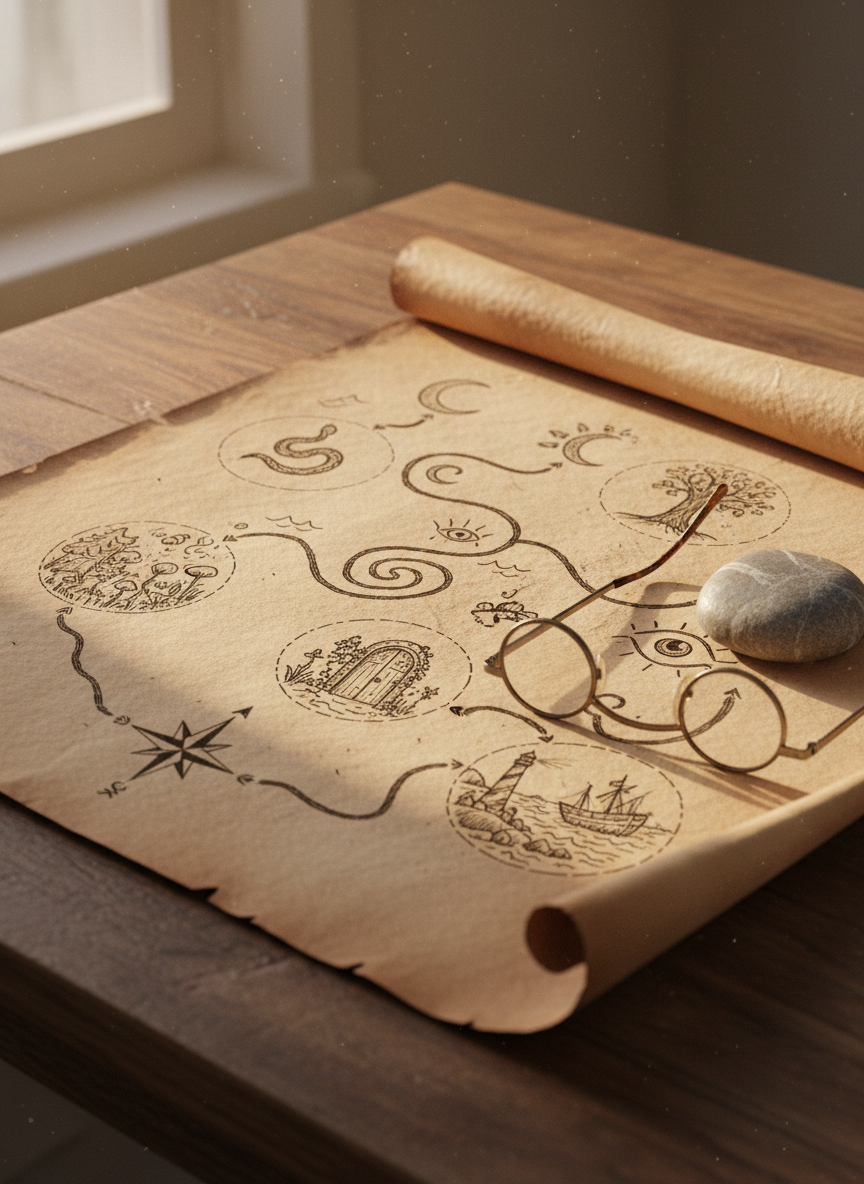 A detailed, hand-illustrated map spreads across a rustic table, but instead of cities and borders, it is labeled only with subtle symbols and winding paths leading to small sketched scenes of forests, doorways, and shorelines. A pair of reading glasses rests near one edge, beside a smooth river stone holding down a curling corner of the paper. Golden hour sunlight slants in from the side, creating rich contrast and a sense of quiet discovery. Photographic realism with a three-quarter angle and moderate depth of field, the atmosphere is sophisticated, introspective, and invites viewers to imagine each symbol as a different short story waiting to be explored.